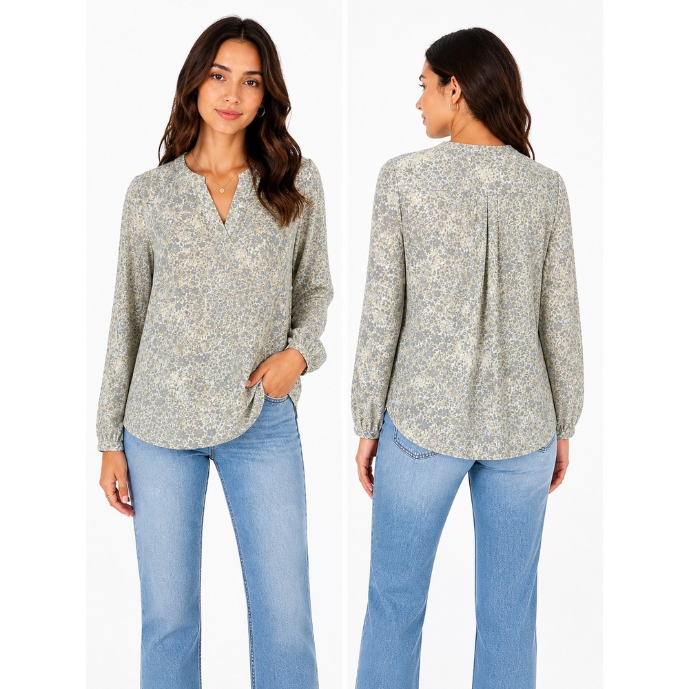 Adrianna Papell Blouse Women Medium Grey Yellow Floral V-Neck Long Sleeve Top